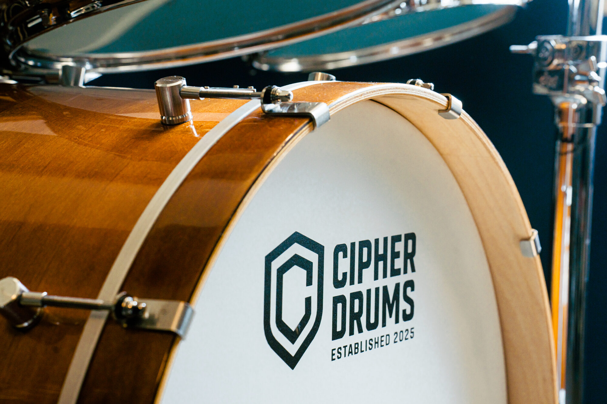 Bass drum with logo head, angled view