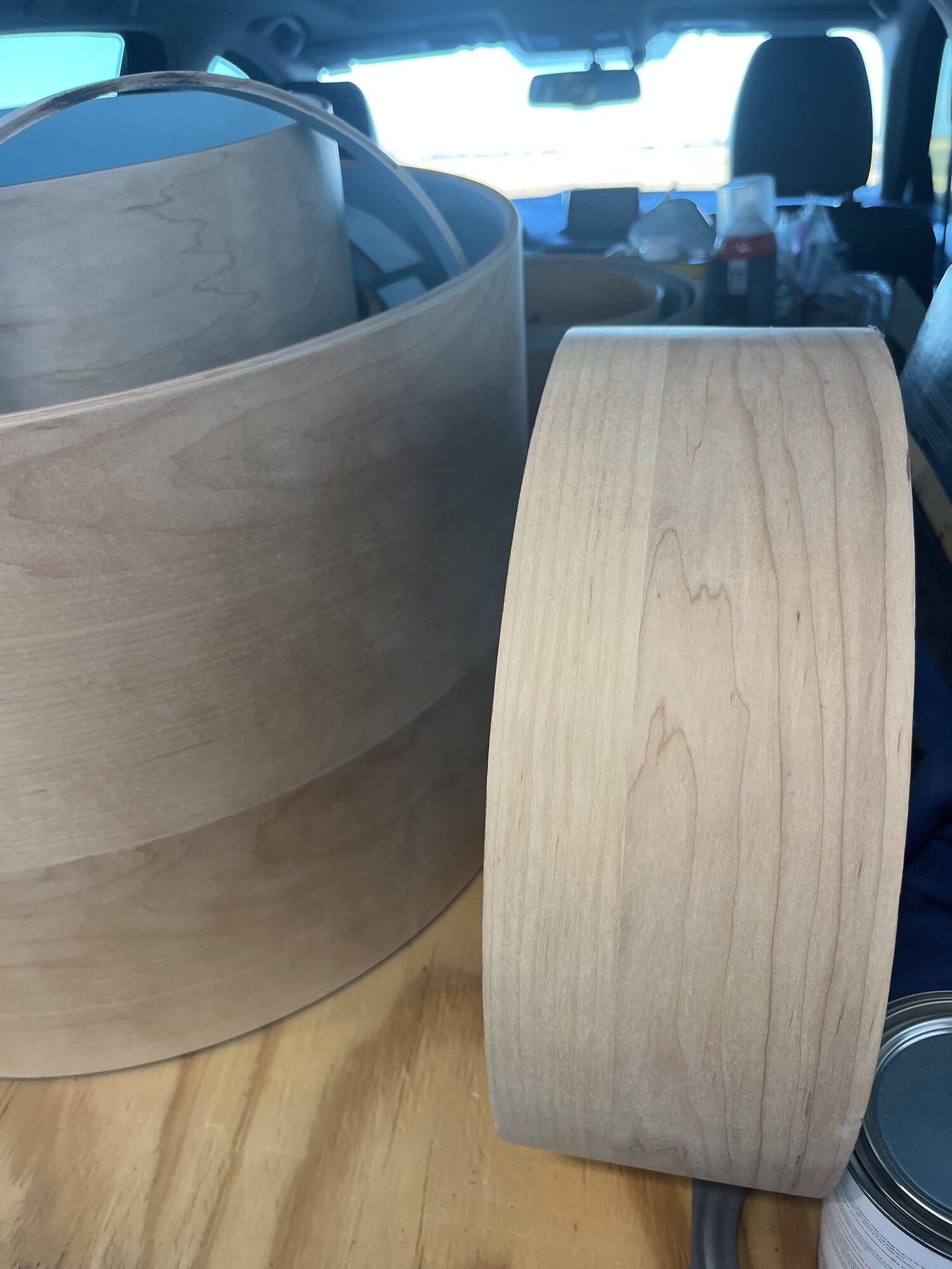 Shells taped and prepped in the workshop, mid-build